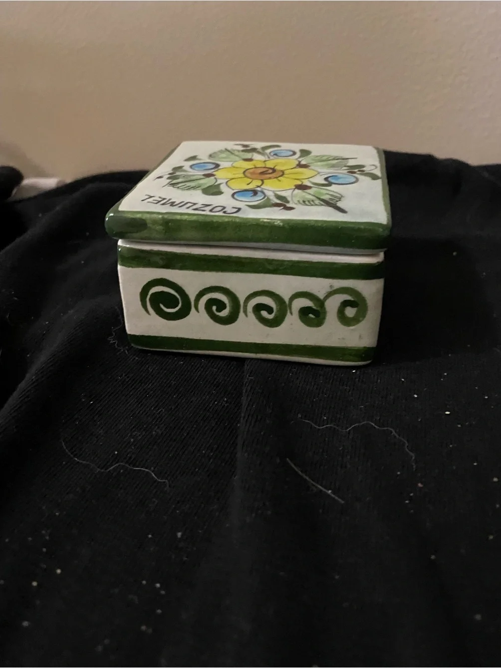 Hand-Painted Ceramic Trinket Box with Floral Lid. Conzumel Mexico
